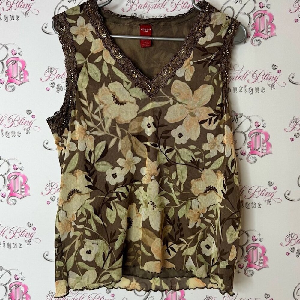 Olsen Europe tank top embroidered beads Floral V-Neck Blouse - Brown and Cream